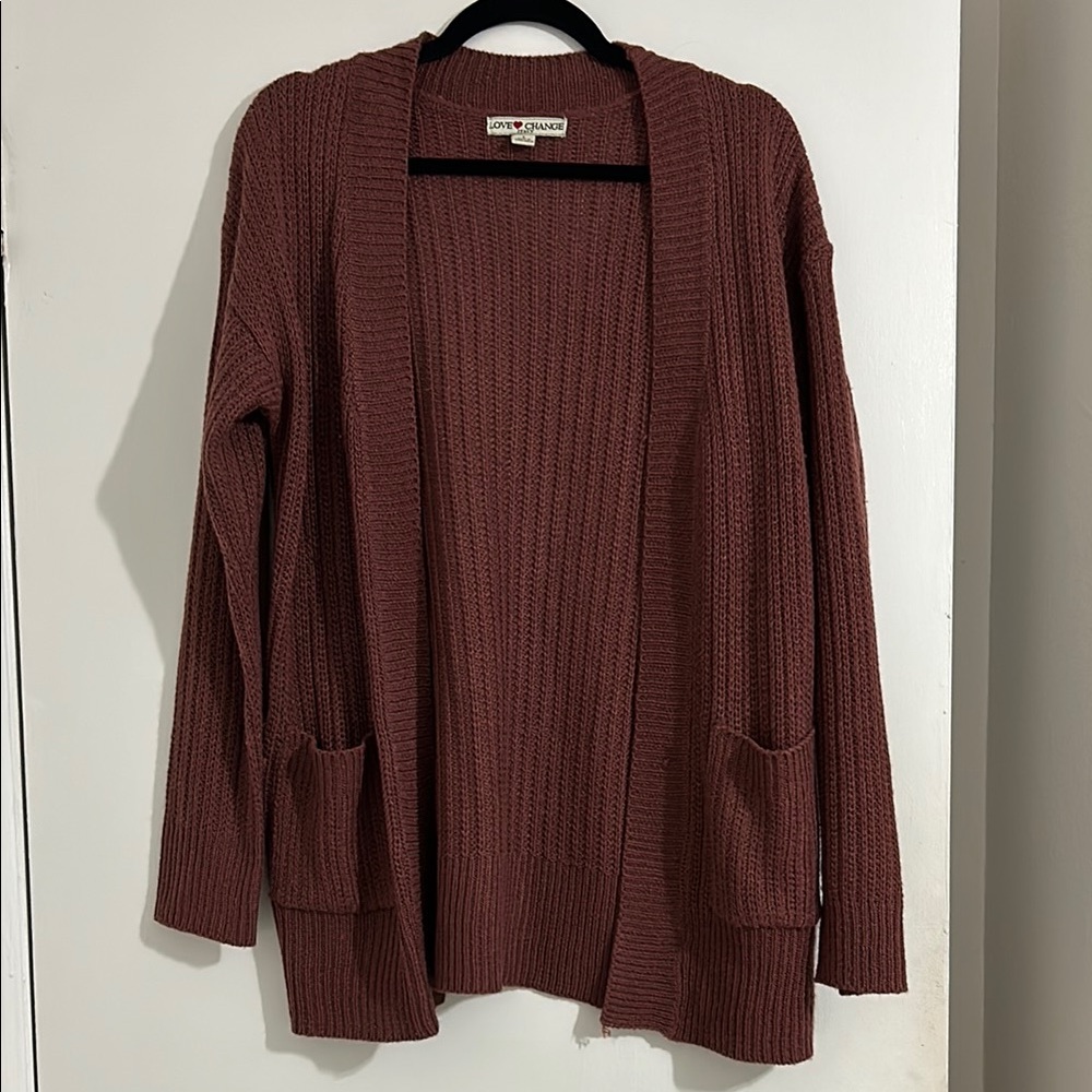 Brownish Red Ribbed Cardigan Sweater